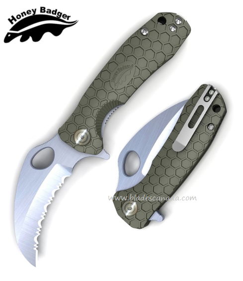 Honey Badger Medium Claw Flipper Folding Knife, Serrated, FRN Green, HB1133 - Click Image to Close